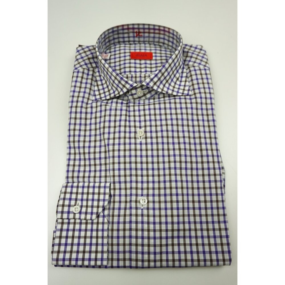 Isaia Violet White Brown Gingham Plaid Long Sleeve Cotton Shirt 15.5/39 NEW